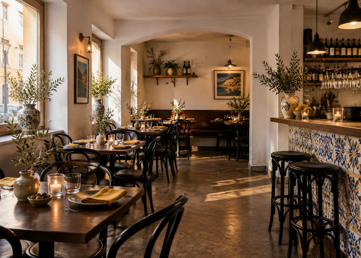 Illustration av en intim medelhavsinspirerad restaurangmiljö