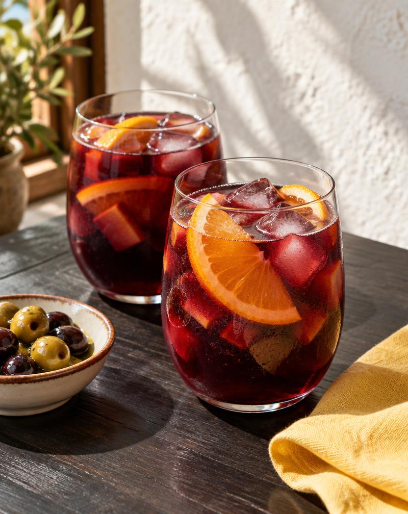 Sangria och oliver i kvällsljus